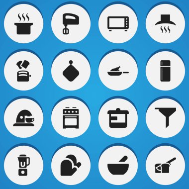 16 düzenlenebilir Cook simgeler kümesi. El Mixer, mutfak Hood, tencere tutacağı gibi simgeler içerir. Web, mobil, UI ve Infographic tasarımı için kullanılabilir.