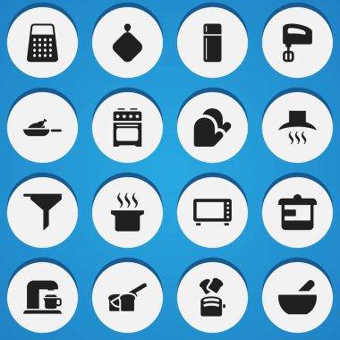16 düzenlenebilir gıda simgeler kümesi. Mutfak eldiveni, mutfak Hood, buzdolabı ve daha fazlası gibi simgeler içerir. Web, mobil, UI ve Infographic tasarımı için kullanılabilir.