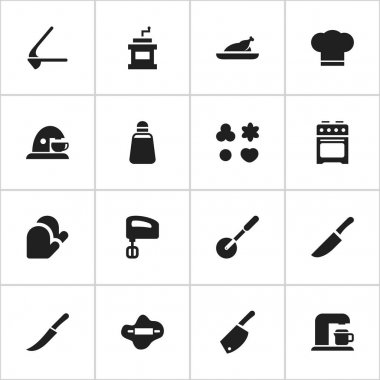 16 düzenlenebilir pişirme simgeler kümesi. Kılıç, kırıcı, Mocha değirmeni ve daha fazlası gibi simgeler içerir. Web, mobil, UI ve Infographic tasarımı için kullanılabilir.