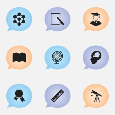 9 düzenlenebilir Üniversitesi simgeler kümesi. Sözlük, yeşilaycı, Notepaper ve daha fazlası gibi simgeler içerir. Web, mobil, UI ve Infographic tasarımı için kullanılabilir.