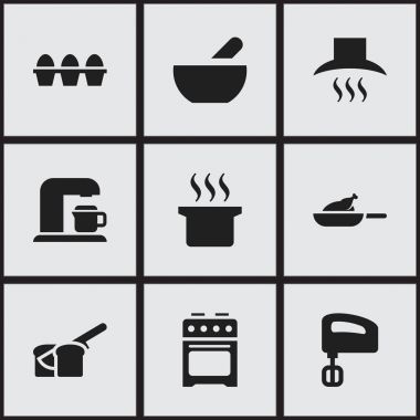 9 düzenlenebilir gıda simgeler kümesi. Karıştırıcı, yumurta kartonu ve ızgara gibi simgeler içerir. Web, mobil, UI ve Infographic tasarımı için kullanılabilir.