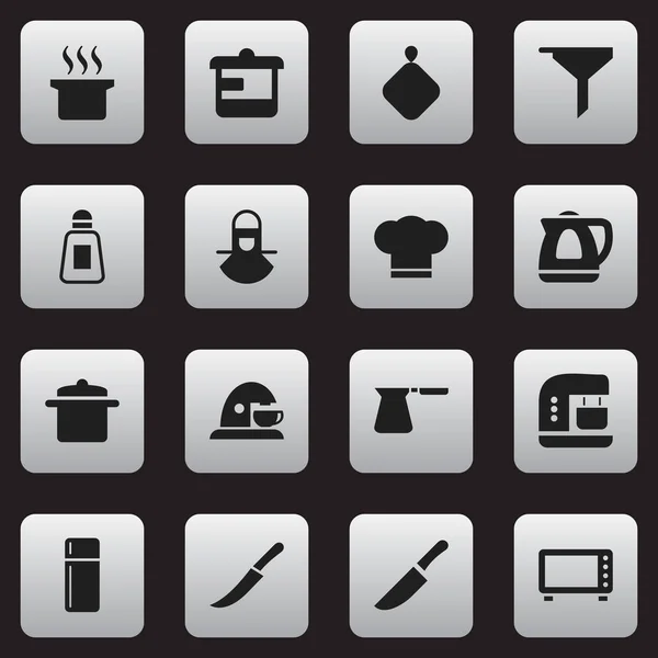 Ensemble de 16 icônes de repas modifiables. Comprend des symboles tels que mélangeur, porte-pot, casquette de cuisson et plus encore. Peut être utilisé pour le Web, mobile, interface utilisateur et infographie . — Image vectorielle