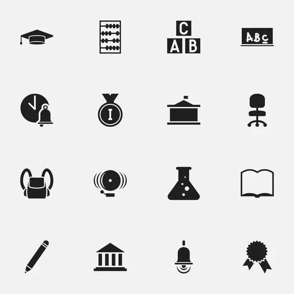 16 可编辑毕业图标集。包括工作座椅、 书、 警铃等符号。可用于 Web、 移动、 Ui 和数据图表设计. — 图库矢量图片