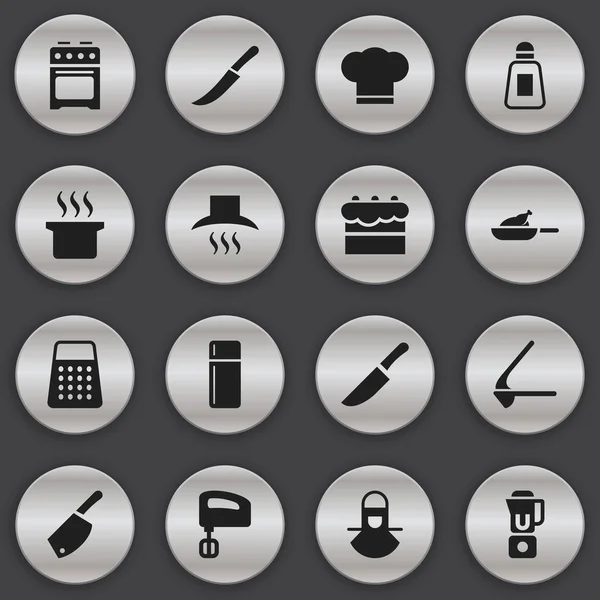 Набор из 16 редактируемых пищевых икон. Includes Symbols such as Crusher, Sword, Kitchen Hood and More. Can be used for Web, Mobile, UI and Infographic Design . — стоковый вектор