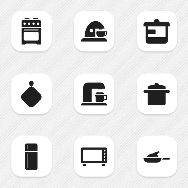 Set von 9 editierbaren Kochsymbolen. enthält Symbole wie Grill, Topfhalter, Kühlschrank und vieles mehr. kann für Web-, Mobil-, UI- und Infografik-Design verwendet werden. — Stockvektor