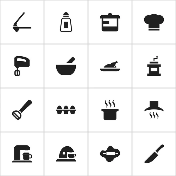 Zestaw 16 edycji ikon gotowania. Zawiera symbole, takie jak naczynie, kruszarki, Szlifierka Mocha i więcej. Mogą być używane dla sieci Web, mobilnych, interfejsu użytkownika i Infographic Design. — Wektor stockowy