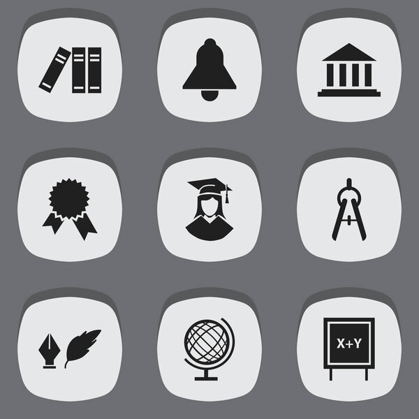 Set Of 9 Editable Education Icons. Includes Symbols Such As Literature, Victory Medallion, Bookshelf And More. Can Be Used For Web, Mobile, UI And Infographic Design.