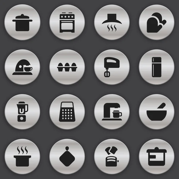 Zestaw 16 ikon jedzenie. Zawiera symbole, takie jak ręką mikser, okapu kuchennego, łapka. Mogą być używane dla sieci Web, mobilnych, interfejsu użytkownika i Infographic Design. — Wektor stockowy