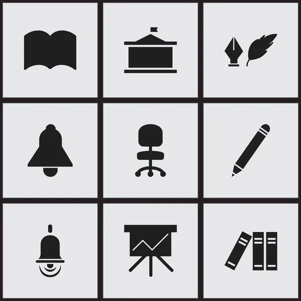 Set Of 9 Editable Science Icons. Includes Symbols Such As Work Seat, Pencil, Literature And More. Can Be Used For Web, Mobile, UI And Infographic Design. — Stock Vector