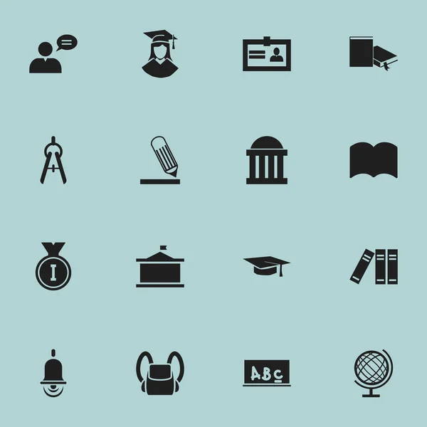 Conjunto de 16 iconos educativos editables. Incluye símbolos como la escritura, estantería, herramienta de matemáticas y más. Puede ser utilizado para el diseño de la tela, móvil, interfaz de usuario e infografía . — Vector de stock