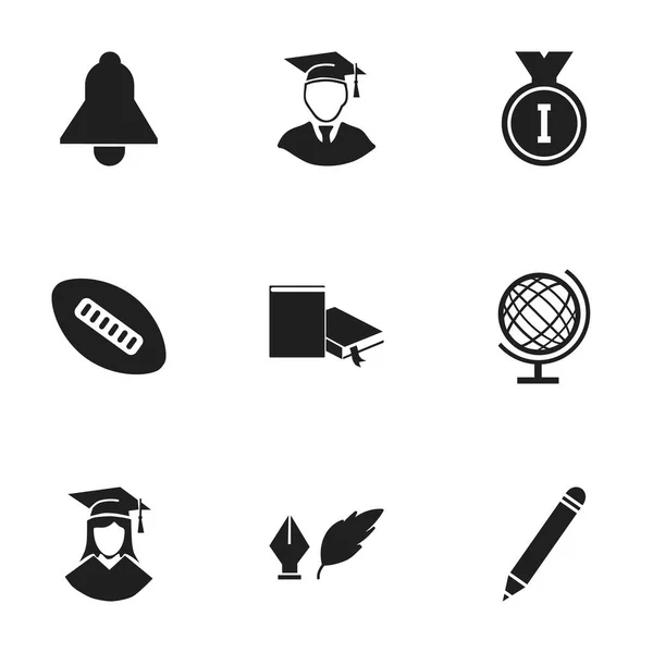 Set de 9 iconos de graduación editables. Incluye símbolos tales como bola oval, marcador, mujer graduada y más. Puede ser utilizado para el diseño de la tela, móvil, interfaz de usuario e infografía . — Archivo Imágenes Vectoriales