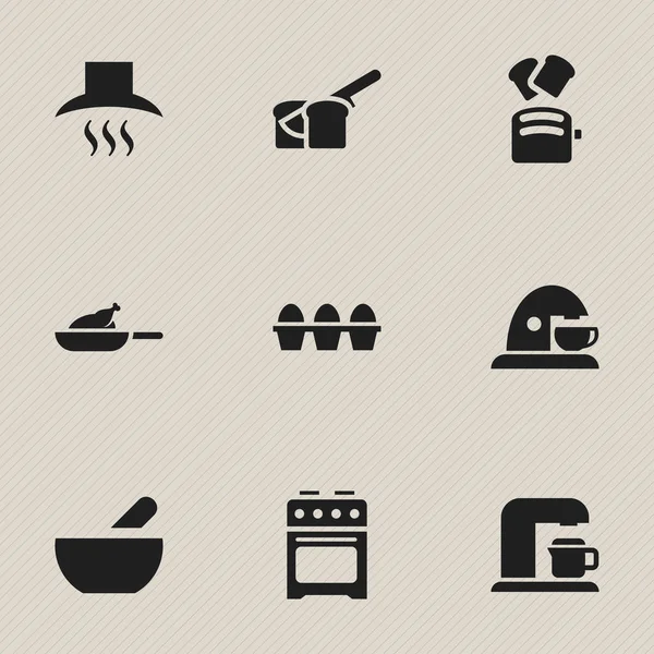 Zestaw 9 edycji ikon gotowania. Zawiera symbole, takie jak piekarnia, okapu kuchennego, opakowaniu jaj i więcej. Mogą być używane dla sieci Web, mobilnych, interfejsu użytkownika i Infographic Design. — Wektor stockowy