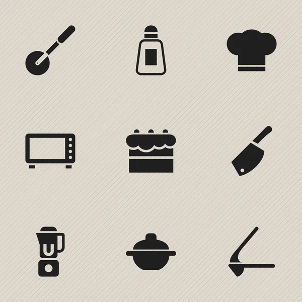 Zestaw 9 ikon jedzenie. Zawiera symbole, takie jak rolki nóż, ciasta, pałasz i więcej. Mogą być używane dla sieci Web, mobilnych, interfejsu użytkownika i Infographic Design. — Wektor stockowy
