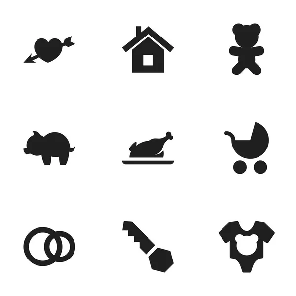 Набір з 9 для редагування сім'ї іконок. Включає в себе символи, такі як смажена курка, любов, дитяче харчування та багато іншого. Може використовуватися для веб, мобільні, призначеного для користувача інтерфейсу і інфографіки дизайн. — стоковий вектор