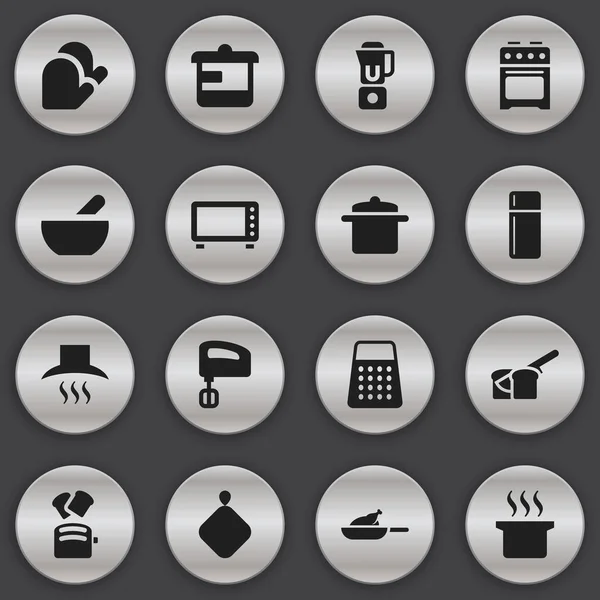 Набор из 16 редактируемых пищевых икон. Includes Symbols such as Shredder, Hand Mixer, Cookware. Can be used for Web, Mobile, UI and Infographic Design . — стоковый вектор