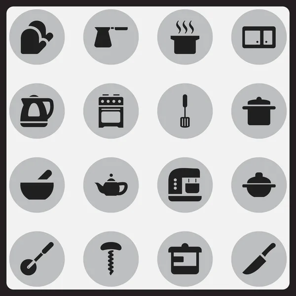 Set di 16 icone di cucina modificabili. Include simboli come apparecchio teiera, pentole, rullo del coltello e altro ancora. Può essere utilizzato per la progettazione web, mobile, UI e infografica . — Vettoriale Stock