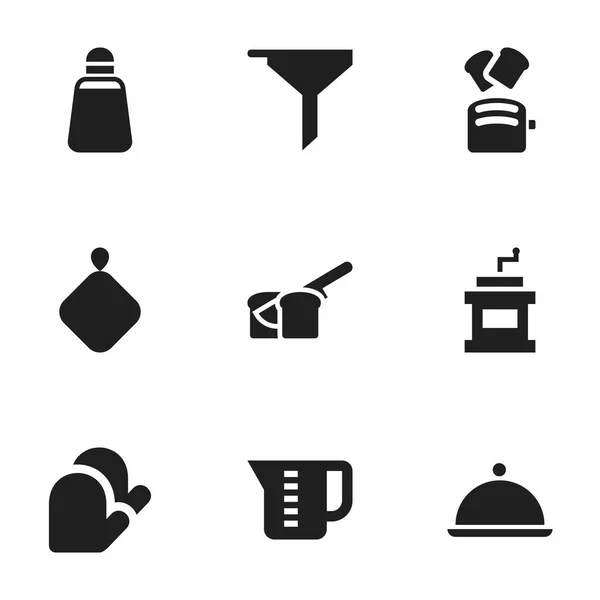 Set de 9 iconos de cocina editables. Incluye símbolos tales como pan de rebanada, amoladora Mocha, Pot-Holder y más. Puede ser utilizado para el diseño de la tela, móvil, interfaz de usuario e infografía . — Archivo Imágenes Vectoriales