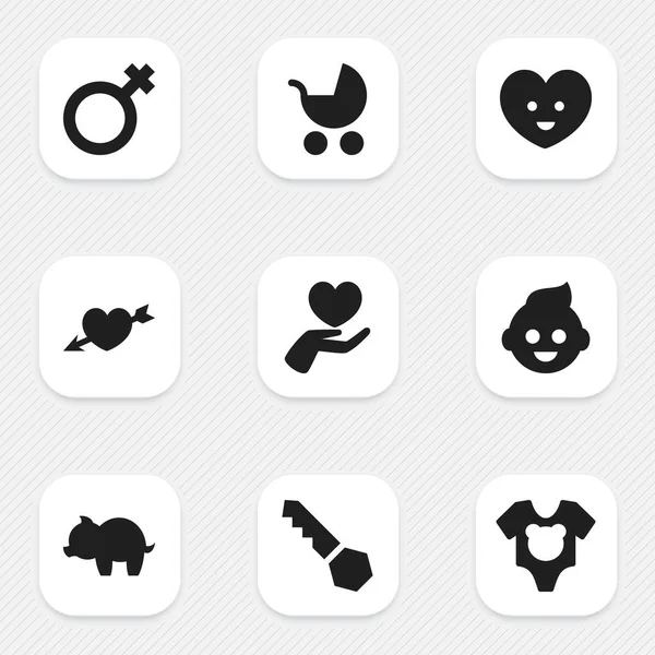 Set de 9 iconos Kin editables. Incluye símbolos como el bebé, el amor, el traje corporal y más. Puede ser utilizado para el diseño de la tela, móvil, interfaz de usuario e infografía . — Vector de stock