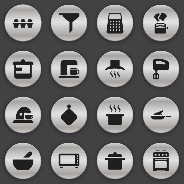 Set de 16 iconos de cocina editables. Incluye símbolos tales como cartón del huevo, Pot-Holder, pan de rebanada y más. Puede ser utilizado para el diseño de la tela, móvil, interfaz de usuario e infografía . — Archivo Imágenes Vectoriales