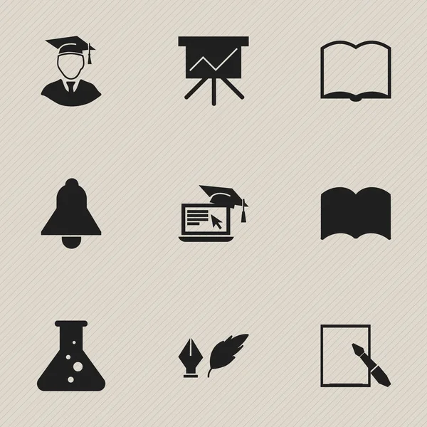 Set de 9 iconos editables de la universidad. Incluye símbolos como el aprendizaje a distancia, hombre diplomado, campana y más. Puede ser utilizado para el diseño de la tela, móvil, interfaz de usuario e infografía . — Vector de stock