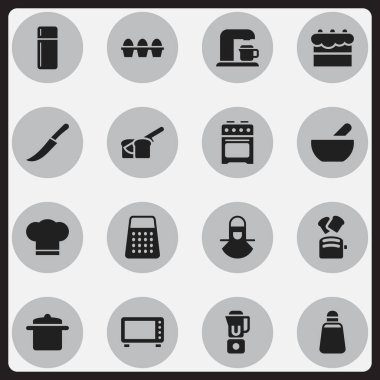 16 düzenlenebilir pişirme simgeler kümesi. Rocker Blade, parçalayıcı, kırmızı biber ve daha fazlası gibi simgeler içerir. Web, mobil, UI ve Infographic tasarımı için kullanılabilir.