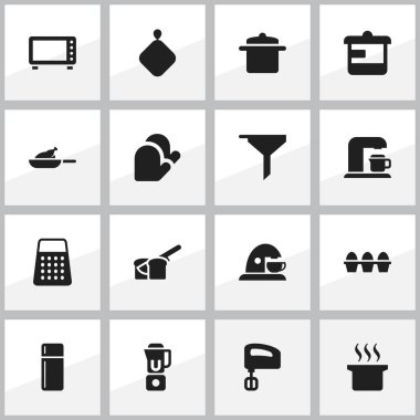 16 düzenlenebilir Cook simgeler kümesi. Fırın, tencere, gereçler ve daha fazlası gibi simgeler içerir. Web, mobil, UI ve Infographic tasarımı için kullanılabilir.