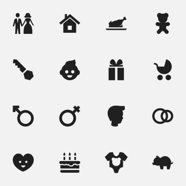 16 düzenlenebilir aile simgeler kümesi. Kilit, Pastane, oyuncak ve daha fazlası gibi simgeler içerir. Web, mobil, UI ve Infographic tasarımı için kullanılabilir.