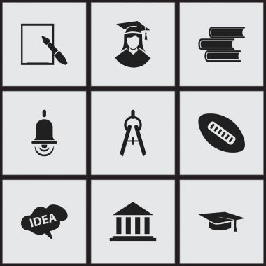 9 düzenlenebilir mezuniyet simgeler kümesi. Alarm zili, Notepaper, Müzesi ve daha fazlası gibi simgeler içerir. Web, mobil, UI ve Infographic tasarımı için kullanılabilir.