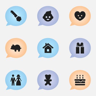 9 düzenlenebilir Kin simgeler kümesi. Hediye, kilit, Bebek ve daha fazlası gibi simgeler içerir. Web, mobil, UI ve Infographic tasarımı için kullanılabilir.