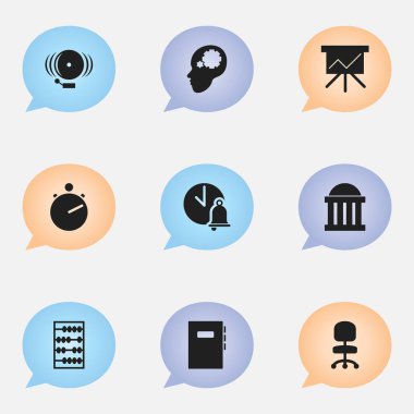 9 düzenlenebilir okul simgeler kümesi. Çalışma kitabı, çalışma koltuk, aritmetik ve daha fazlası gibi simgeler içerir. Web, mobil, UI ve Infographic tasarımı için kullanılabilir.