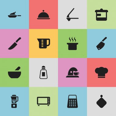16 düzenlenebilir Cook simgeler kümesi. Gereçler, Tuzluk, kupa ve daha fazla gibi simgeler içerir. Web, mobil, UI ve Infographic tasarımı için kullanılabilir.