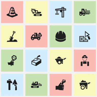16 düzenlenebilir inşaat simgeler kümesi. Kazı makinesi, kask, Spatula ve daha fazlası gibi simgeler içerir. Web, mobil, UI ve Infographic tasarımı için kullanılabilir.