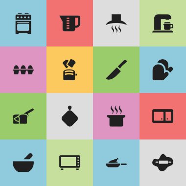 16 düzenlenebilir gıda simgeler kümesi. Büfe, Çorba kazanı, dilim ekmek ve daha fazlası gibi simgeler içerir. Web, mobil, UI ve Infographic tasarımı için kullanılabilir.