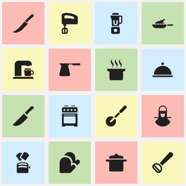 16 düzenlenebilir yemek simgeler kümesi. Kahve Pot, bıçak Roller, karıştırıcı ve daha fazlası gibi simgeler içerir. Web, mobil, UI ve Infographic tasarımı için kullanılabilir.
