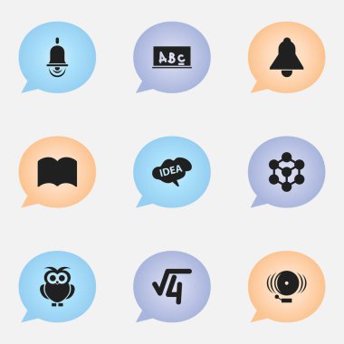 9 düzenlenebilir bilim simgeler kümesi. Matematik kök, sözlük, Alarm zili ve daha fazlası gibi simgeler içerir. Web, mobil, UI ve Infographic tasarımı için kullanılabilir.