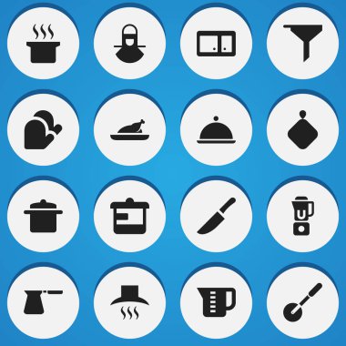 16 düzenlenebilir gıda simgeler kümesi. Kahve Pot gibi simgeler tencere tutacağı, bıçak ve daha fazlasını içerir. Web, mobil, UI ve Infographic tasarımı için kullanılabilir.
