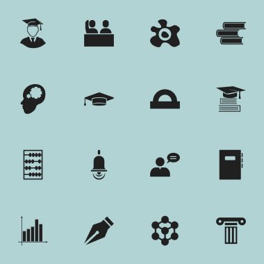 16 düzenlenebilir okul simgeler kümesi. Kütüphane, molekül, yarım daire cetvel ve daha fazlası gibi simgeler içerir. Web, mobil, UI ve Infographic tasarımı için kullanılabilir.