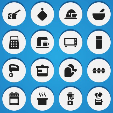 16 düzenlenebilir gıda simgeler kümesi. Çorba, ekmek, gereçler ve daha fazla gibi simgeler içerir. Web, mobil, UI ve Infographic tasarımı için kullanılabilir.