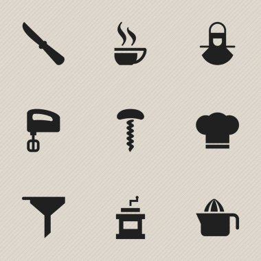 9 düzenlenebilir pişirme simgeler kümesi. Mutfak bıçak, şarap açacağı gibi simgeler içerir filtreleme ve daha fazlası. Web, mobil, UI ve Infographic tasarımı için kullanılabilir.
