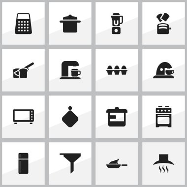 16 düzenlenebilir gıda simgeler kümesi. Sembolleri soba, el mikseri, ekmek gibi içerir. Web, mobil, UI ve Infographic tasarımı için kullanılabilir.