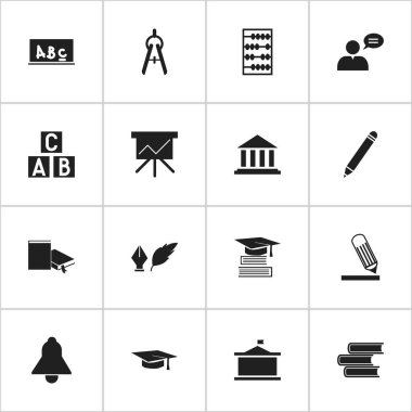 16 düzenlenebilir mezuniyet simgeler kümesi. Kalem, mezuniyet şapka, matematik aracı ve daha fazlası gibi simgeler içerir. Web, mobil, UI ve Infographic tasarımı için kullanılabilir.