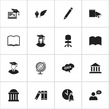 16 düzenlenebilir eğitim simgeler kümesi. Mahkeme, uzaktan eğitim, edebiyat ve daha fazlası gibi simgeler içerir. Web, mobil, UI ve Infographic tasarımı için kullanılabilir.