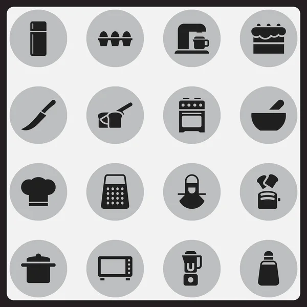 Set von 16 editierbaren Kochsymbolen. beinhaltet Symbole wie Rockerklinge, Reißwolf, Paprika und mehr. kann für Web-, Mobil-, UI- und Infografik-Design verwendet werden. — Stockvektor