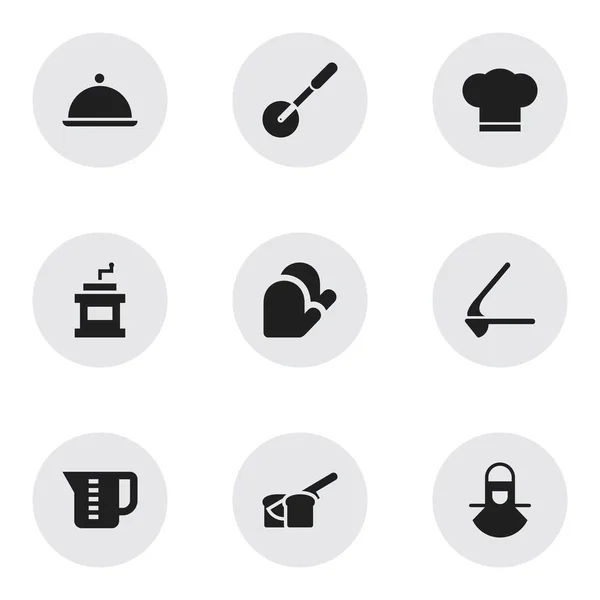 Set von 9 editierbaren Menüsymbolen. beinhaltet Symbole wie Mokka-Mühle, Küchenhandschuh, Salver und mehr. kann für Web-, Mobil-, UI- und Infografik-Design verwendet werden. — Stockvektor
