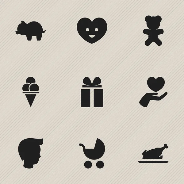 Набор из 9 настольных семейных иконок. Включает в себя такие символы, как подарок, мальчик, коляска и многое другое. Can be used for Web, Mobile, UI and Infographic Design . — стоковый вектор