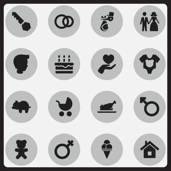 Conjunto de 16 iconos Kin editables. Incluye símbolos como pollo frito, signo de mujer, emblema del hombre y más. Puede ser utilizado para el diseño de la tela, móvil, interfaz de usuario e infografía . — Archivo Imágenes Vectoriales