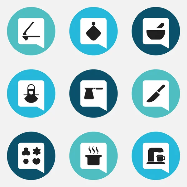 Set de 9 iconos de cocina editables. Incluye símbolos tales como fabricante de la bebida, Pot-Holder, cuchillo y más. Puede ser utilizado para el diseño de la tela, móvil, interfaz de usuario e infografía . — Vector de stock