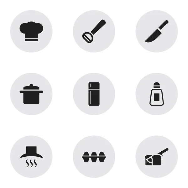 Набір з 9 для редагування приготування іконок. Включає в себе символи, такі як холодильник, кухар Cap, Husker і багато іншого. Може використовуватися для веб, мобільні, призначеного для користувача інтерфейсу і інфографіки дизайн. — стоковий вектор