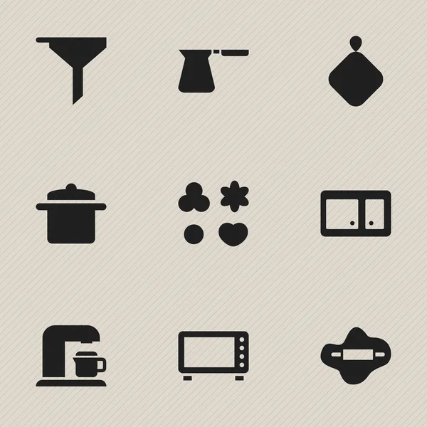Набір з 9 значків для приготування їжі. Включає в себе такі символи, як кавовий горщик, сідло, піч і багато іншого. Може використовуватися для веб, мобільного, інтерфейсу та інфографіки . — стоковий вектор