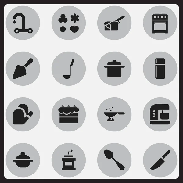 Conjunto de 16 iconos de cocina editables. Incluye símbolos como cucharada, panadería, guante de cocina y más. Puede ser utilizado para el diseño de la tela, móvil, interfaz de usuario e infografía . — Archivo Imágenes Vectoriales